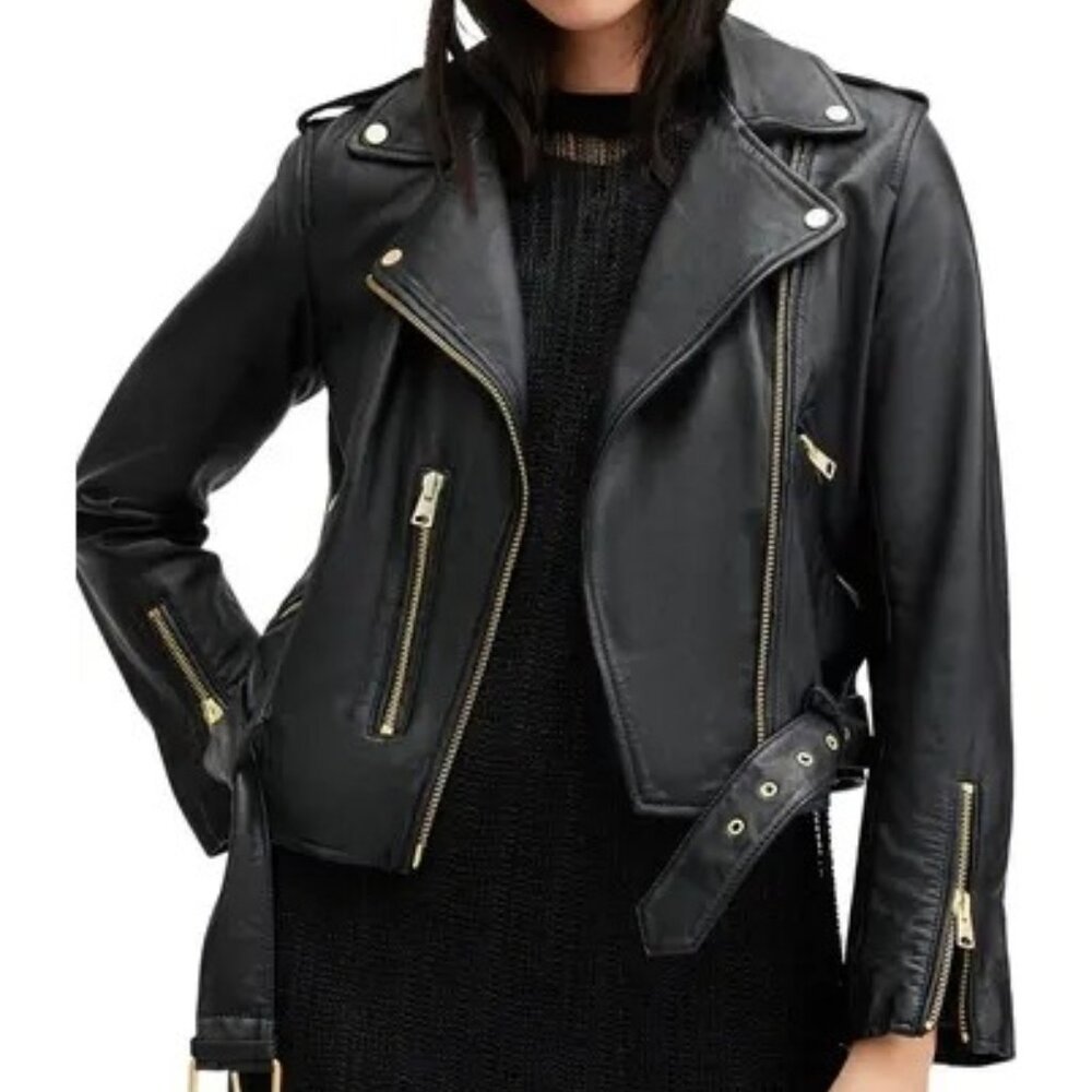 AllSaints Balfern Black Butter-Soft Leather Moto Biker Jacket Women's 0 - Picture 2 of 8